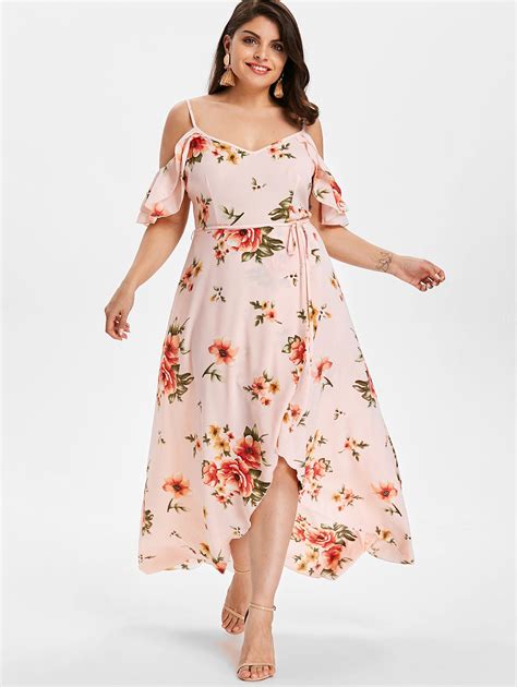 Wipalo Plus Size Cold Shoulder Belt Overlap Floral Print Dress Women