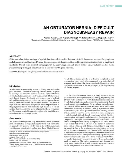 Pdf The Obturator Hernia Difficult Diagnosis Easy Repair