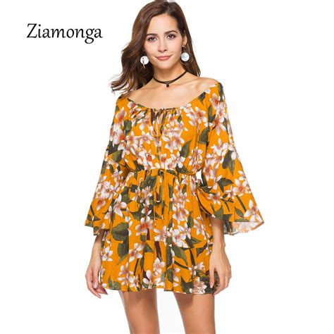 Ziamonga Sexy Off Shoulder Slash Neck Office Dress 2018 Summer Floral Print Beach Dress Casual