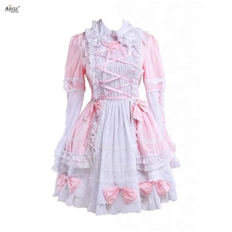 Sweet Lolita Dress Womens Cotton Pinkandwhite Long Sleeves Bell Bottom