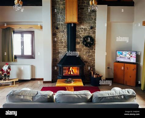 Warm Cosy Fireplace In Mountain Chalet With Real Firewood Burning Cozy