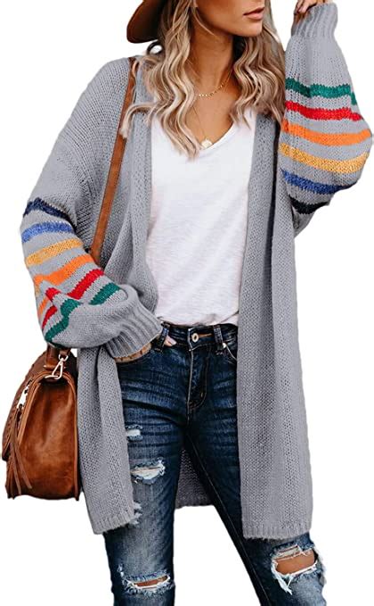 Dokotoo Womens Long Open Front Cardigans Striped Color Block Loose