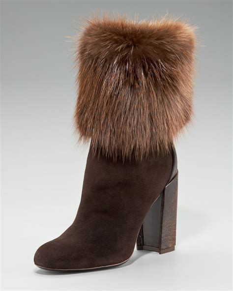 Saint Laurent Aurelya Fur Cuff Ostrich Heel Ankle Boot In Brown Lyst