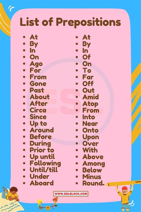 A List Of Prepositions On A Pink Sheet With An Orange And Blue Background