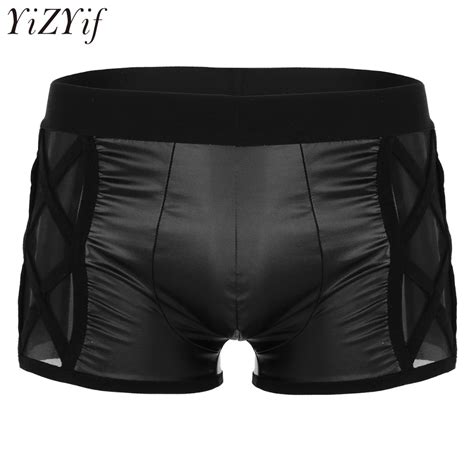 Yizyif Black Sexy Mens Lingerie Soft Faux Leather Boxer Shorts Cross