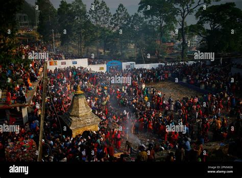 Kathmandu, Nepal. 20th Apr, 2023. A large crowd of people offer prayers
