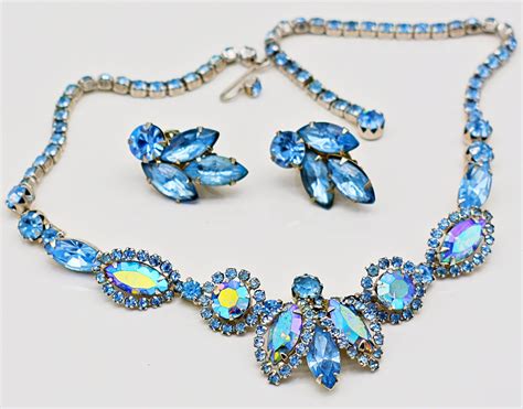 Vintage Aqua Blue Weiss Rhinestone Necklace Earring Jewelry Etsy