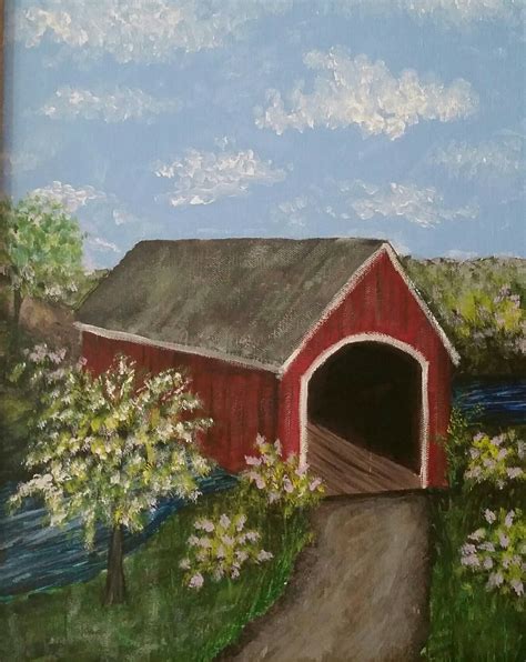 Paint Night Fun Covered Bridge In Spring Acrylic On Canvas Covered