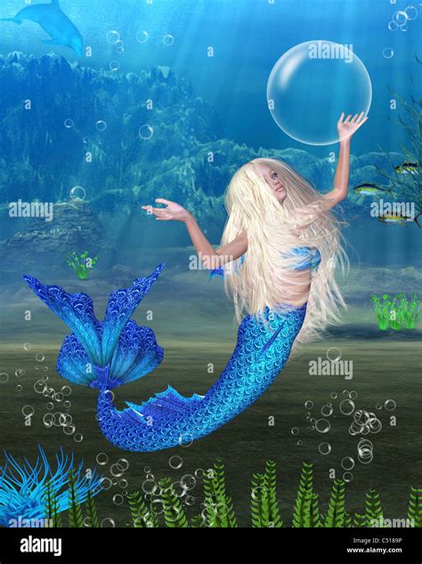 Pretty Blonde Mermaid With Underwater Background Stock Photo Alamy