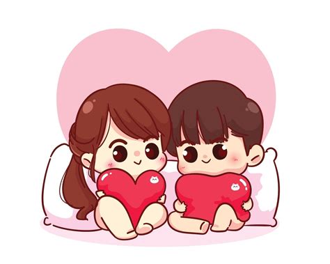 Lovers Couple Sitting With A Pillow And Holding Hearts Happy Valentine