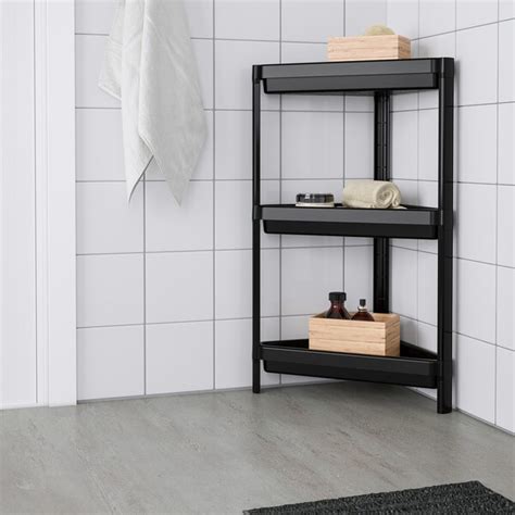 It fits in the smallest of bathrooms, but there's plenty of space on the shelves for all your toiletries from shampoo bottles to soap and small items. VESKEN Corner shelf unit - black - IKEA