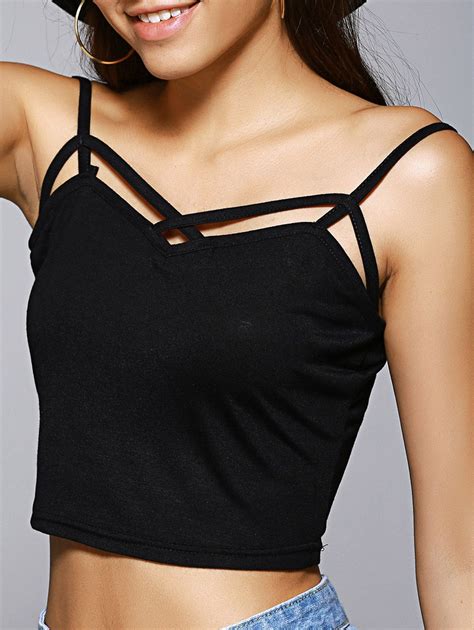 trendy backless spaghetti strap hollow out crop top black s in crop top