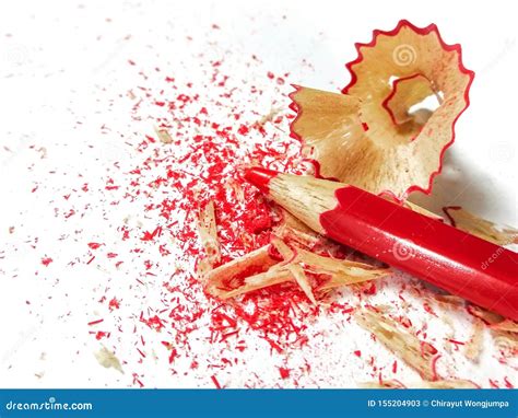 Red Crayon Pencil With Shavings On White Background Stock Image