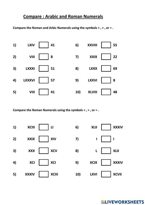 compare roman numerals worksheet
