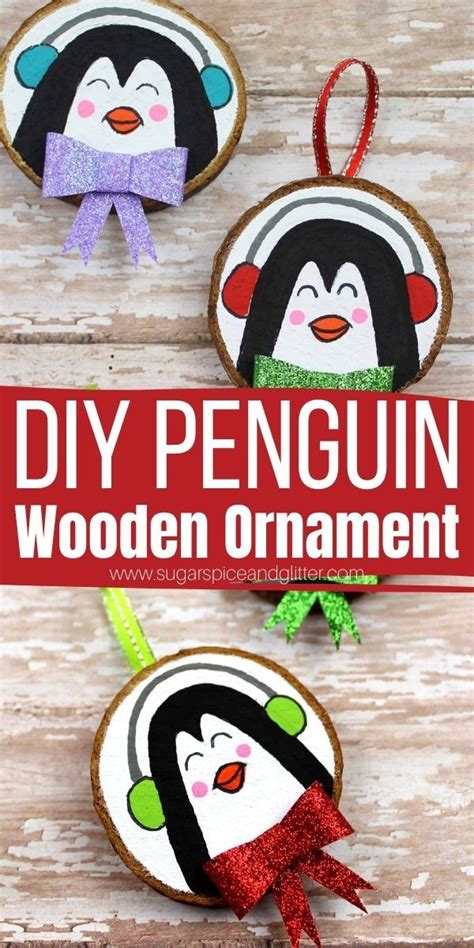 Three Wooden Ornaments With Penguins Painted On Them And The Words Diy