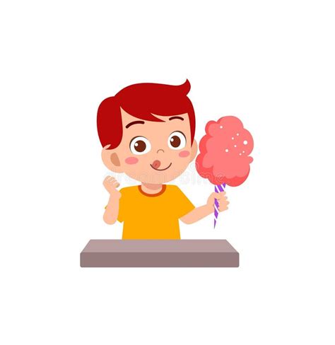 Little Boy Eat Sweet Cotton Candy And Feel Happy Stock Illustration