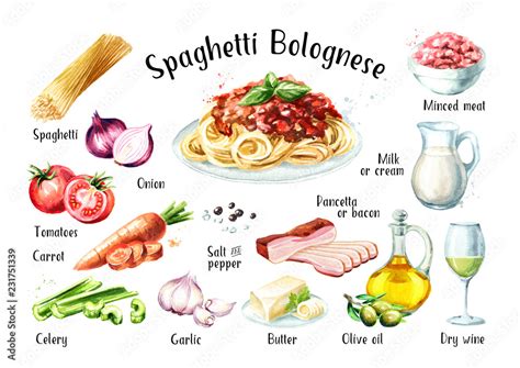 Spaghetti Bolognese Recipe Ingredients Set Watercolor Hand Drawn