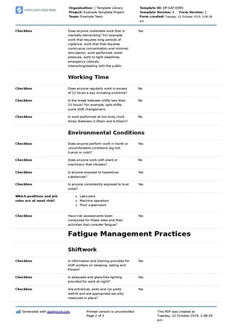 Fatigue Management Risk Assessment Template