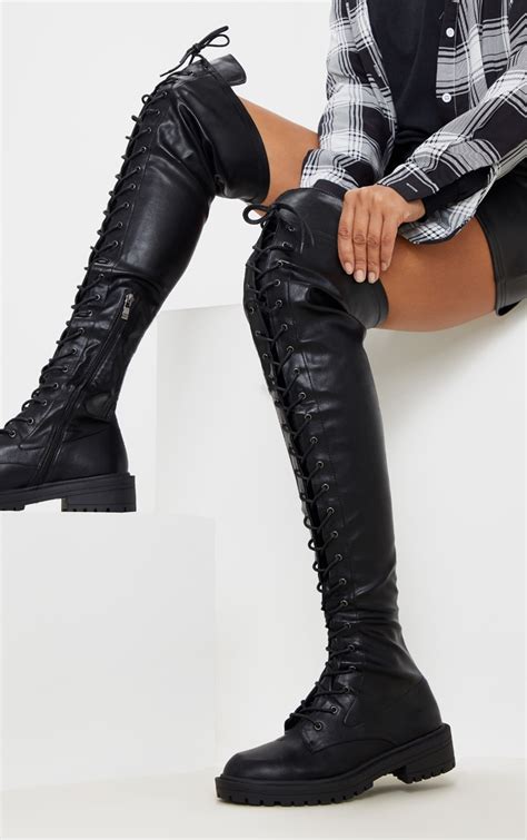 Black Lace Up Cleated Flat Over The Knee Boot Prettylittlething