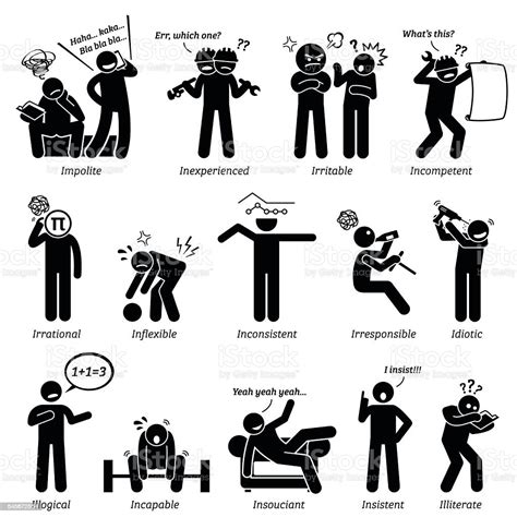 Negative Personalities Character Traits Stick Figures Man Icons Stock