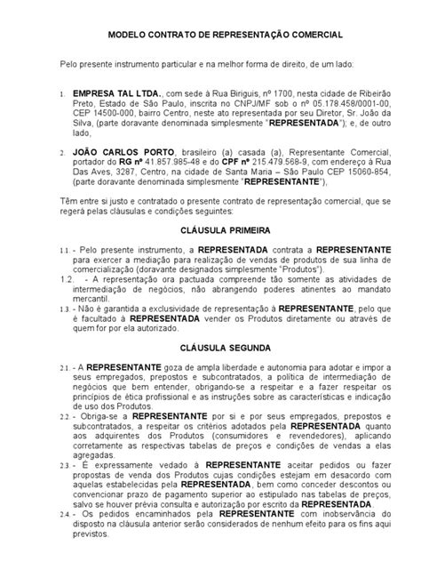 Modelo Contrato Representacao Comercial Pdf Lei Das Obrigações