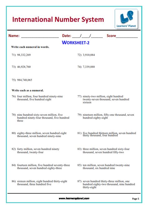CBSE class 5 maths number system revision worksheets