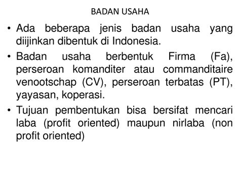 Jenis Badan Usaha Yang Ada Di Indonesia