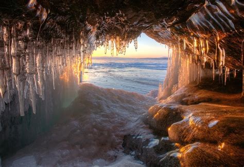 Ice Lake Russia Cave Sunset Frost Nature Water Landscape