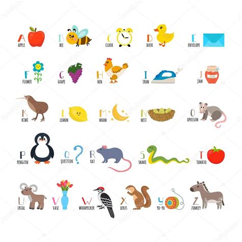 Abc Learn To Read Children Alphabet With Cute Cartoon Animals Stock
