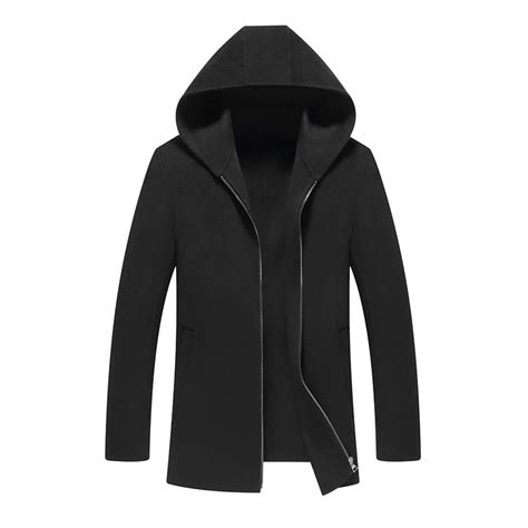 Fashion Black Hooded Wool Coat Men 2018 Brand New Breasted Mens Winter