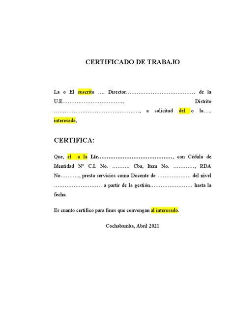 Certificado De Trabajo Modelo Pdf