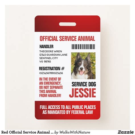 Red Official Service Animal Custom Photo Id Badge Zazzle Custom