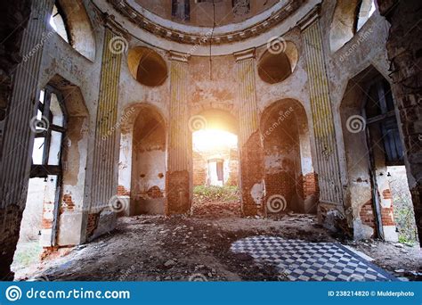 Inside The Old Ruined Red Brick Church In Gothic Style Stock Photo