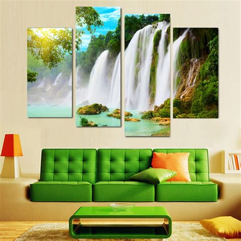 Hd Printed Living Room Modern Pictures 4 Panel Waterfall Landscape