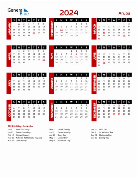 2024 Aruba Calendar With Holidays