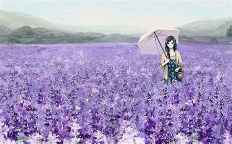Girl Anime Character On Purple Flower Field Hd Wallpaper Wallpaper