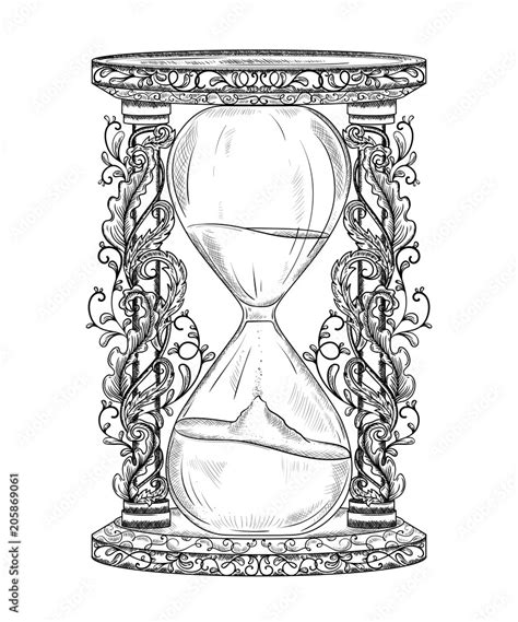 Vintage Hourglass With Floral Ornament Engraved Style Isolated Object Design Template For