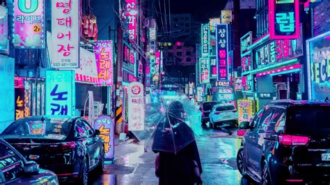 Download Wallpaper 1920x1080 Night City Street Umbrella Man Signboards Lighting Neon Full