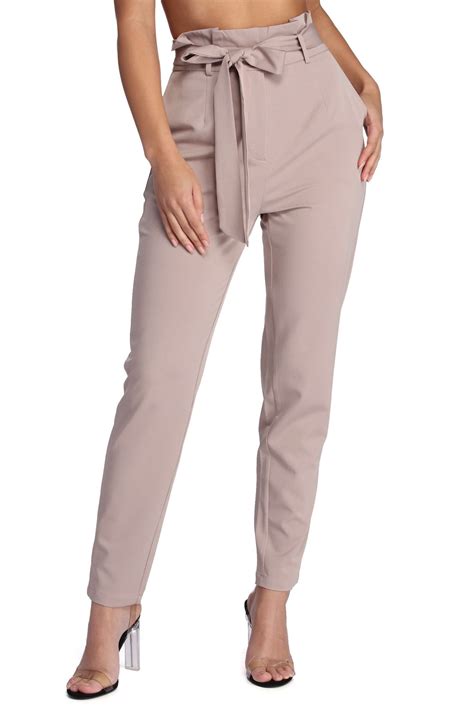 Taupe Essential Tapered Paper Bag Pants Skinny Pants Wide Leg Pants