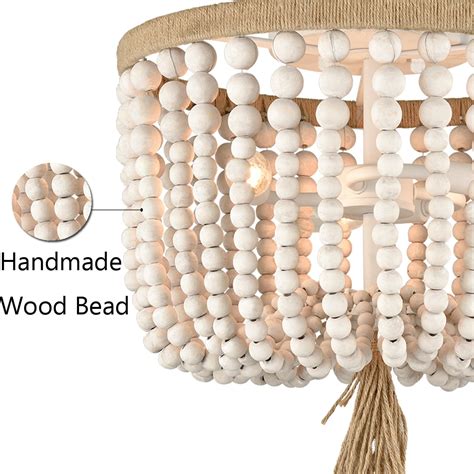 Wood Beaded Farmhouse Distressed White Flush Mount Ceiling Light Claxy