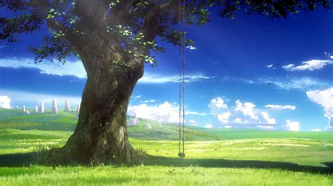 Tree Green Grass Field Blue Sky Anime Background Hd Anime Background