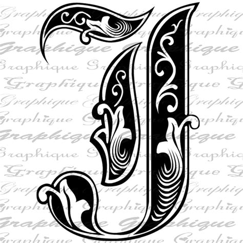 Letter Initial J Monogram Old Engraving Style Type Text Letter J