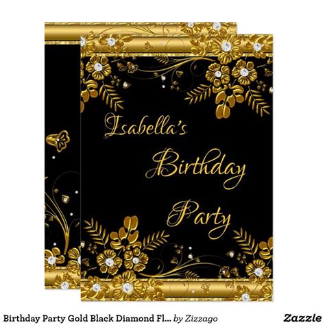 A Black And Gold Birthday Party Card With Flowers On The Front