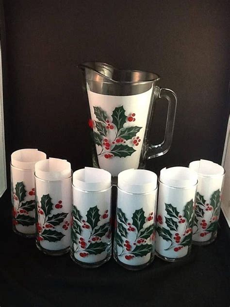 crisa by libbey glass holiday pitcher and glasses etsy libbey holiday entertaining vintage