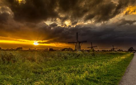 Netherlands Sunrises And Sunsets Fields Sky Mill Kinderdijk