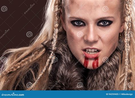 Portrait Of Viking Woman In A Traditional Warrior Clothes Stock Image