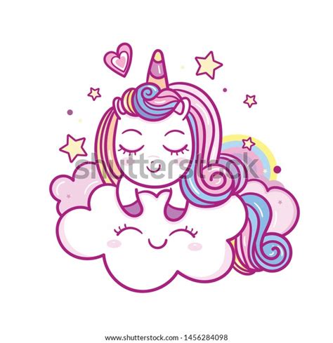 Cute Unicorn Sleep Vector Pony Cartoon On Cloud With Rainbow And Star