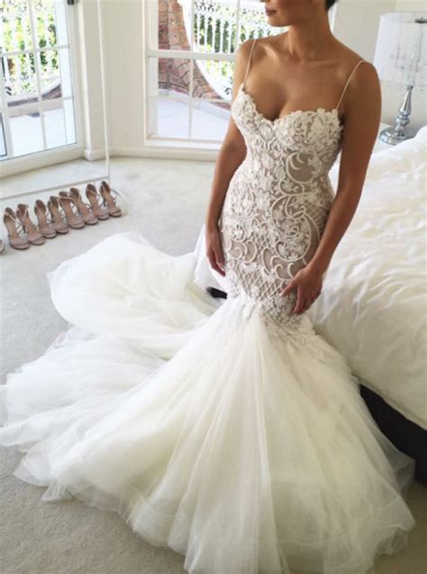 The corset of the dress and long sleeves are decorated with lace, pearls and shiny crystals. Mermaid Fitted Wedding Dress,Spaghetti Straps Wedding ...