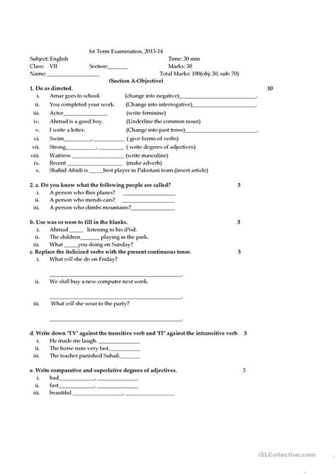 Select one or more questions using the checkboxes above each question. English for grade 7 - English ESL Worksheets for distance ...