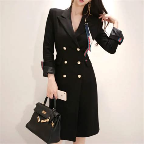 2018 Autumn Knee Length Double Breasted Women Outwear Notched Black